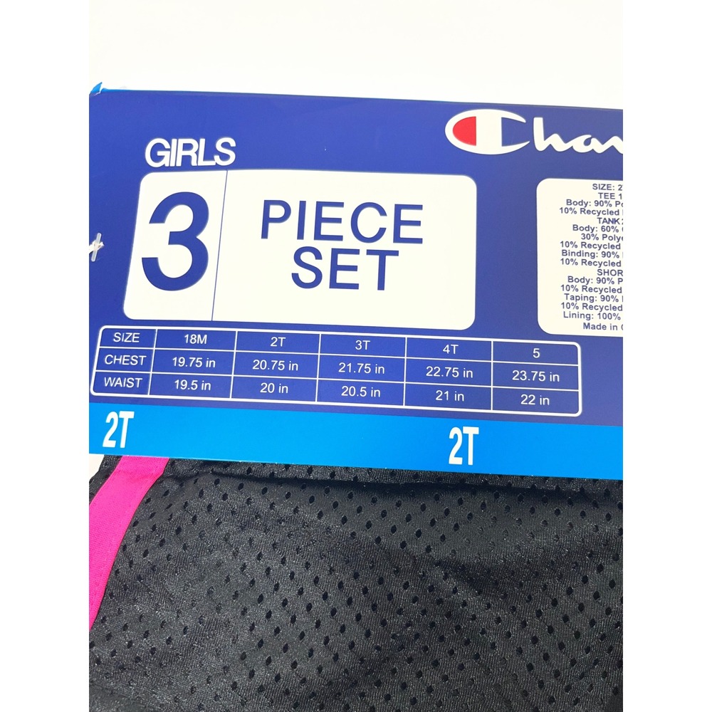 Champion‎ 3 Piece Set Girls 2T Pink Tee White Tank Black Shorts Playwear Active - Picture 3 of 5